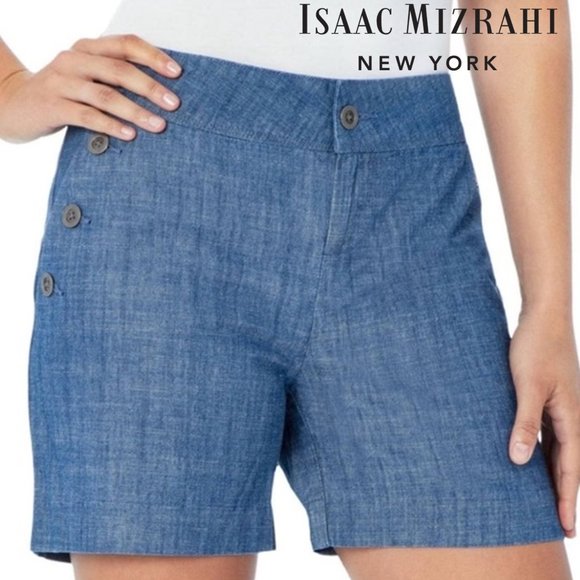 ISAAC MIZRAHI NEW YORK Tailored Sailor Indigo Chambray Shorts - Picture 1 of 10